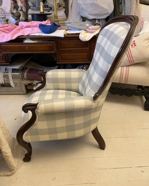 Brocante Gramon - Antique Victorian English Linen Blue Gingham Armchair