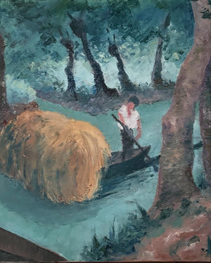 Brocante Gramon - Vintage French River Boating Scene Painting