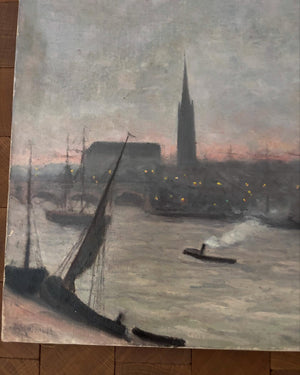 Brocante Gramon - Vintage French River Town Scene Painting