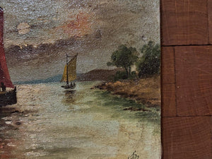 Brocante Gramon - Vintage French Rural Boating Scene Painting