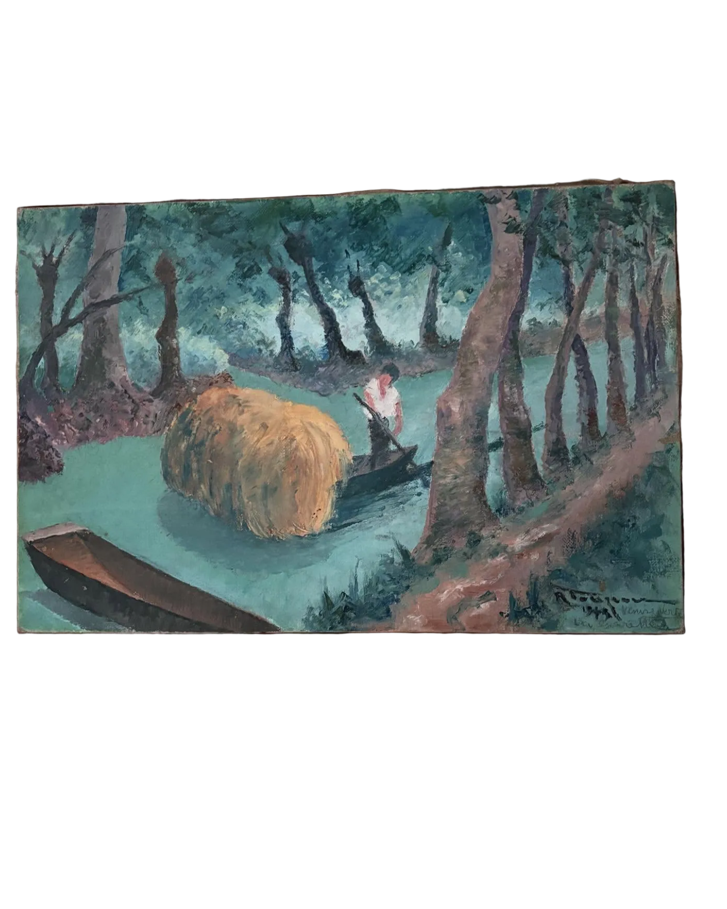 Brocante Gramon - Vintage French River Boating Scene Painting