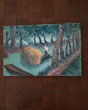 Brocante Gramon - Vintage French River Boating Scene Painting