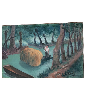 Brocante Gramon - Vintage French River Boating Scene Painting