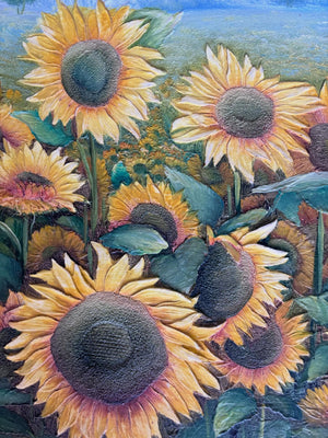 Brocante Gramon - Vintage French Sunflowers oil painting on canvas mounted on timber frame