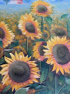 Brocante Gramon - Vintage French Sunflowers oil painting on canvas mounted on timber frame