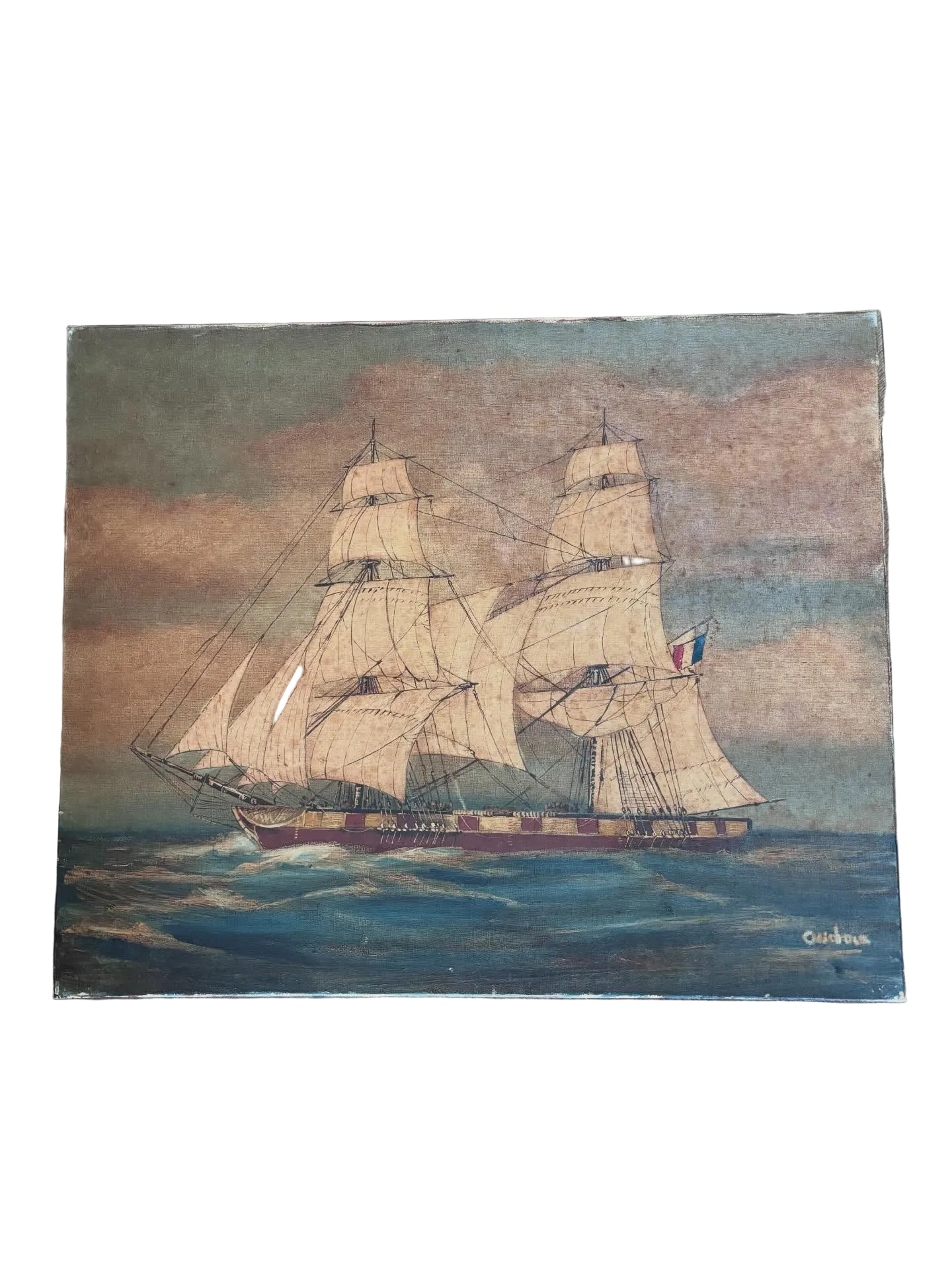 Brocante Gramon - Vintage French Sailing Boat oil painting on canvas mounted on timber frame