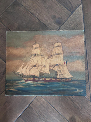 Brocante Gramon - Vintage French Sailing Boat oil painting on canvas mounted on timber frame