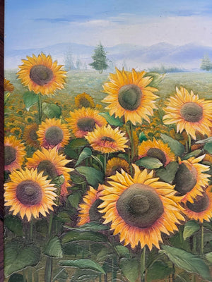 Brocante Gramon - Vintage French Sunflowers oil painting on canvas mounted on timber frame