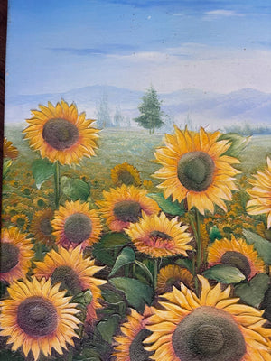 Brocante Gramon - Vintage French Sunflowers oil painting on canvas mounted on timber frame