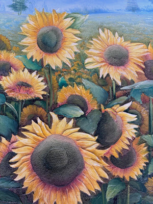Brocante Gramon - Vintage French Sunflowers oil painting on canvas mounted on timber frame