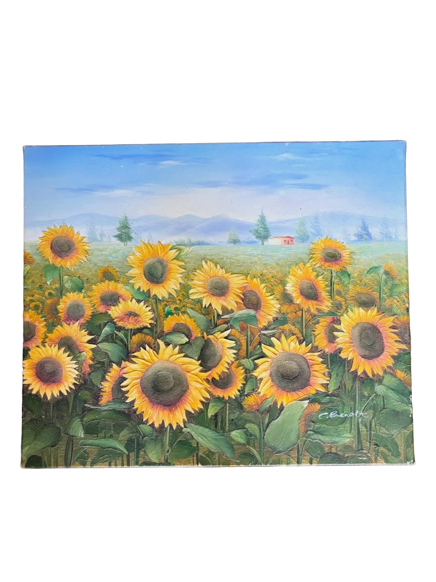 Brocante Gramon - Vintage French Sunflowers oil painting on canvas mounted on timber frame