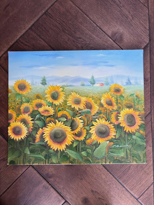 Brocante Gramon - Vintage French Sunflowers oil painting on canvas mounted on timber frame
