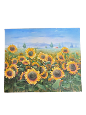 Brocante Gramon - Vintage French Sunflowers oil painting on canvas mounted on timber frame