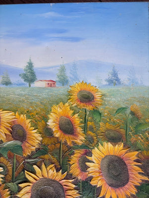 Brocante Gramon - Vintage French Sunflowers oil painting on canvas mounted on timber frame