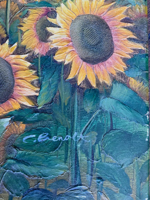 Brocante Gramon - Vintage French Sunflowers oil painting on canvas mounted on timber frame