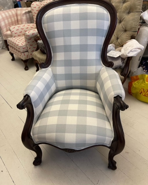 Brocante Gramon - Antique Victorian English Linen Blue Gingham Armchair