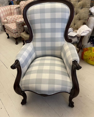 Brocante Gramon - Antique Victorian English Linen Blue Gingham Armchair