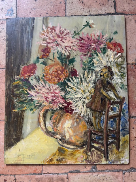 Brocante Gramon - Vintage French Chrysanthemums Painting