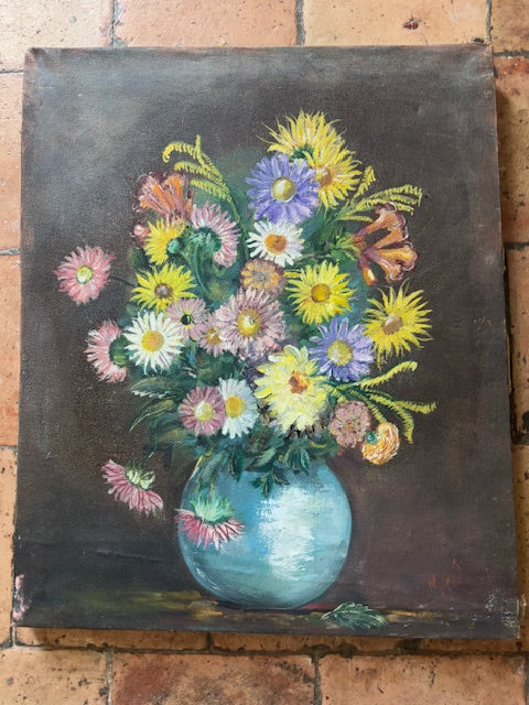 Brocante Gramon - Vintage French Pretty Pastal Pink Daisy Floral Painting