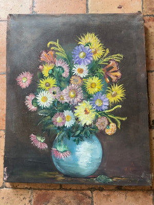 Brocante Gramon - Vintage French Pretty Pastal Pink Daisy Floral Painting