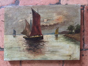 Brocante Gramon - Vintage French Rural Boating Scene Painting