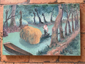 Brocante Gramon - Vintage French River Boating Scene Painting