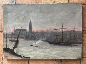 Brocante Gramon - Vintage French River Town Scene Painting