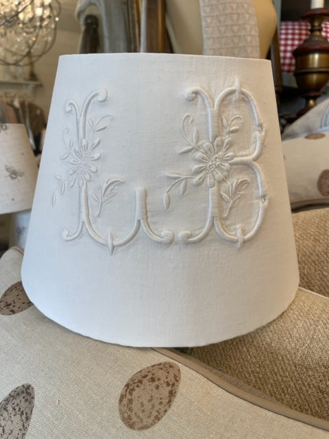Brocante Gramon - Antique French Linen 'LB' Monogrammed lampshade