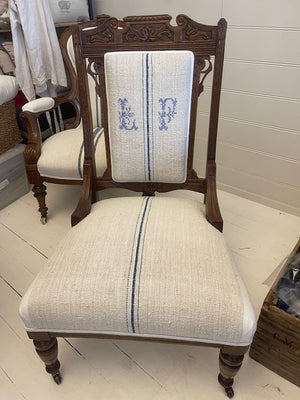 Brocante Gramon - LF Monogrammed Antique Hungarian Grainsack Linen Victorian Chair