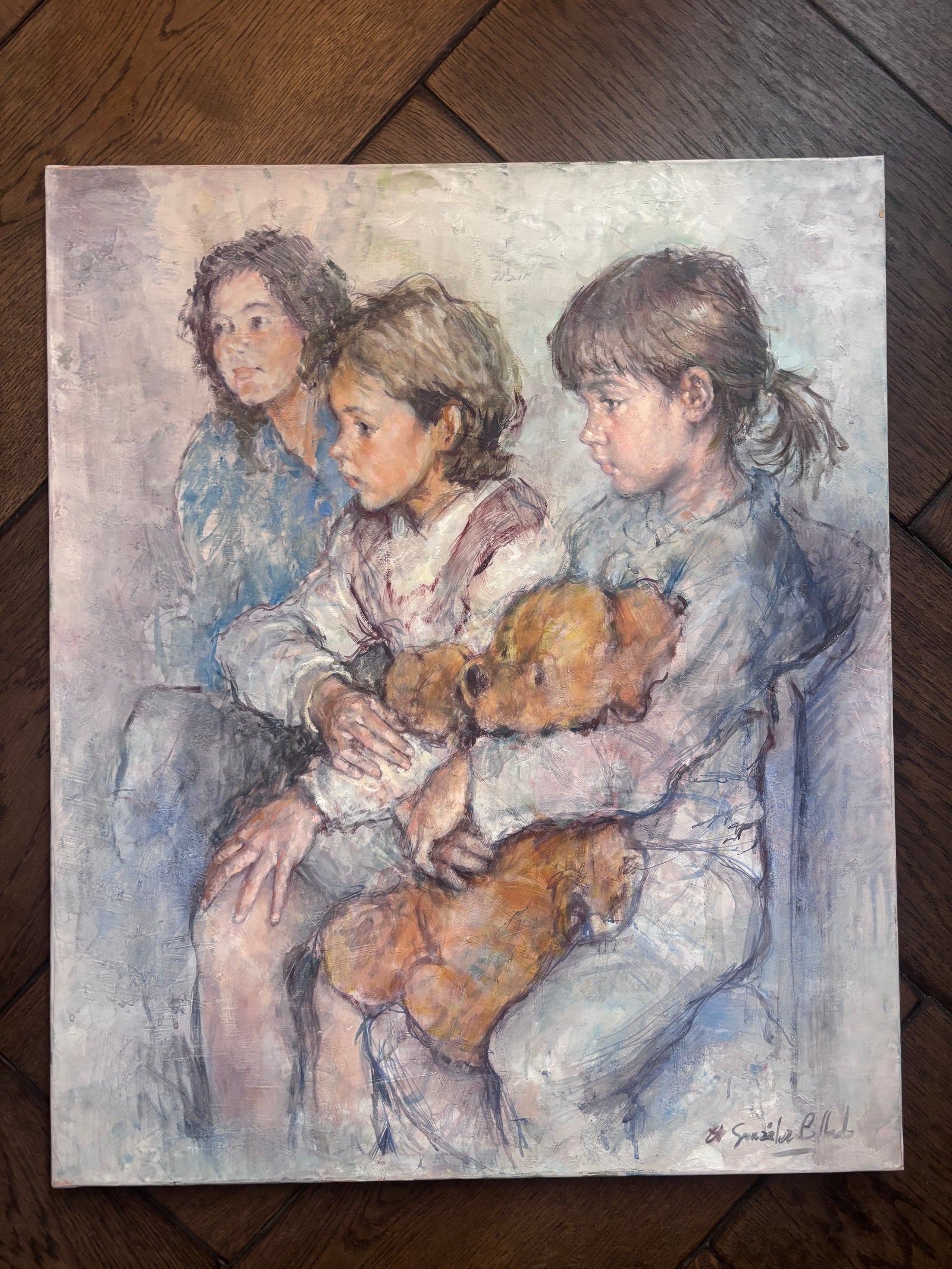 Brocante Gramon - Antique French Oil Painting of a Mother and her Children