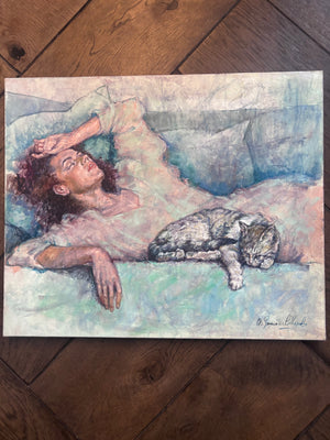 Brocante Gramon - Antique French Oil Painting of a Woman and her Cat