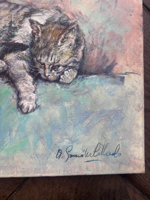 Brocante Gramon - Antique French Oil Painting of a Woman and her Cat