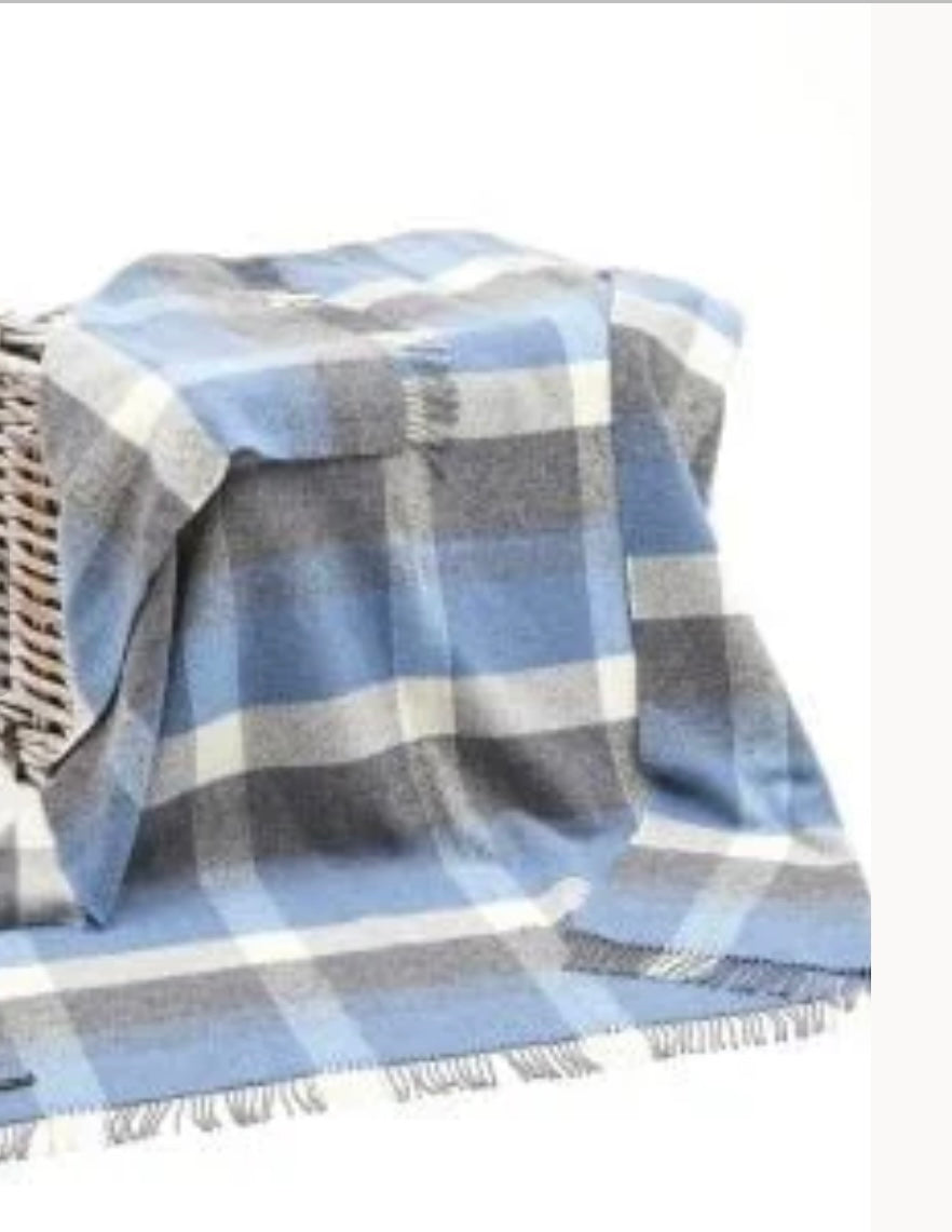 Brocante Gramon - Merino Wool Cashmere Throw - Denim, Cream and Pale Grey Check