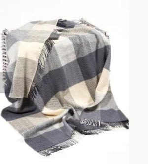 Brocante Gramon - Merino Wool Cashmere Throw - Cream Grey Large Block Check