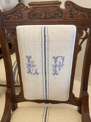 Brocante Gramon - LF Monogrammed Antique Hungarian Grainsack Linen Victorian Chair
