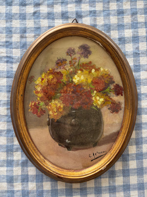 Brocante Gramon - Vintage French Floral Painting in Gilt Oval Frame