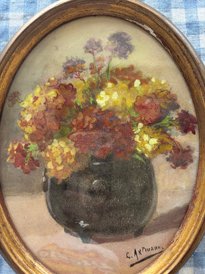 Brocante Gramon - Vintage French Floral Painting in Gilt Oval Frame