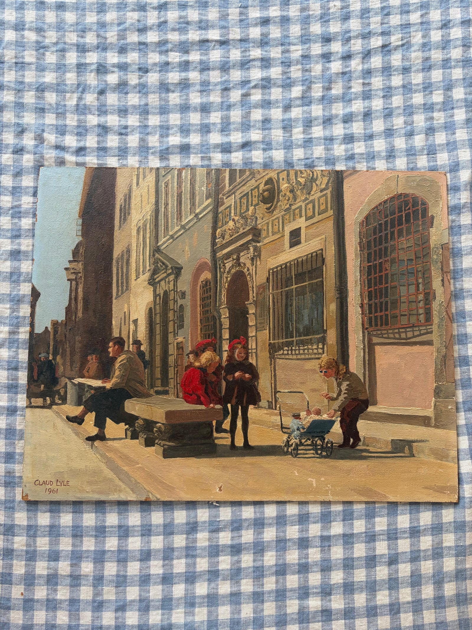 Brocante Gramon - Vintage French Street Scene Oil Painting – Claude Lyle, 1961