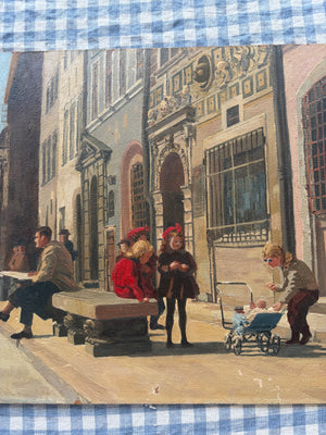 Brocante Gramon - Vintage French Street Scene Oil Painting – Claude Lyle, 1961