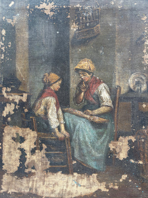 Brocante Gramon - Antique Painting of Two Women in a Workshop