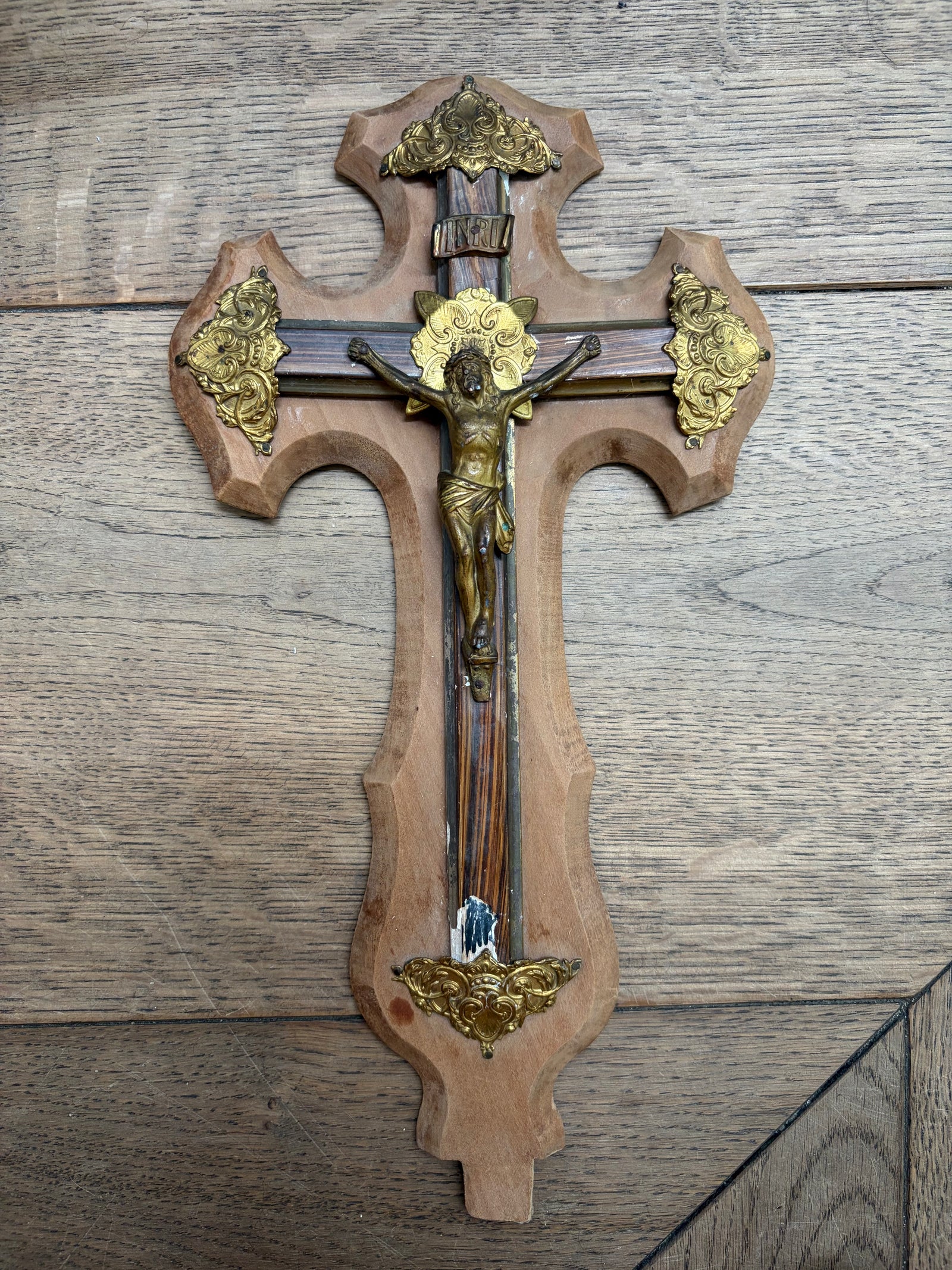 Vintage French Crucifix with Ornate Brass Details
