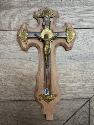 Brocante Gramon - Vintage French Crucifix with Ornate Brass Details