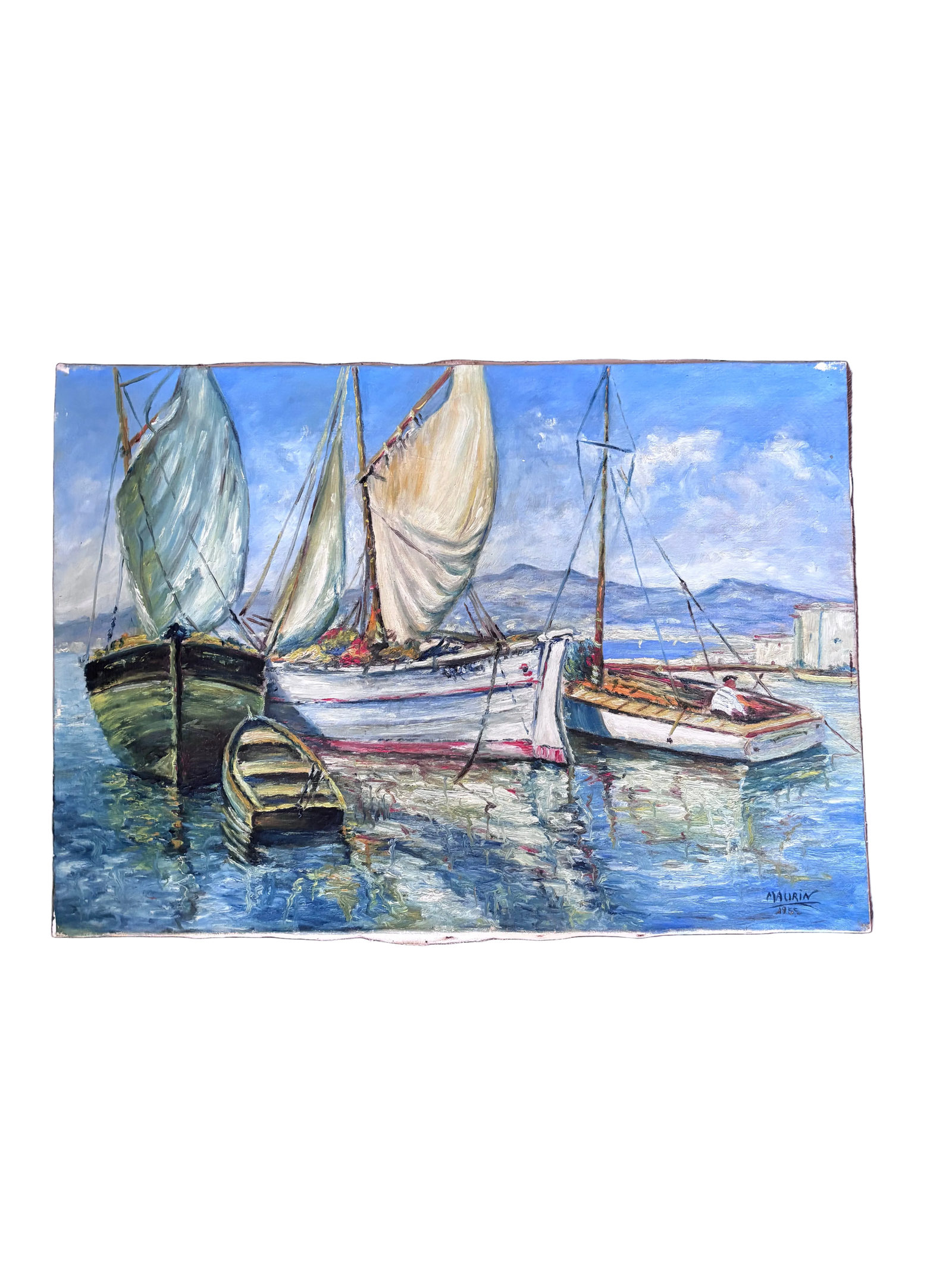 Brocante Gramon - Vintage French Fishing Boats oil painting on canvas mounted on timber frame