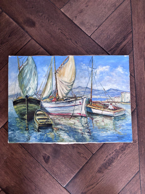 Brocante Gramon - Vintage French Fishing Boats oil painting on canvas mounted on timber frame