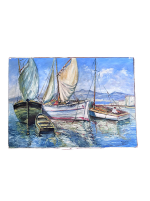 Brocante Gramon - Vintage French Fishing Boats oil painting on canvas mounted on timber frame