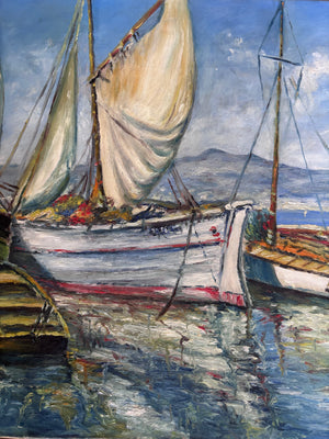 Brocante Gramon - Vintage French Fishing Boats oil painting on canvas mounted on timber frame