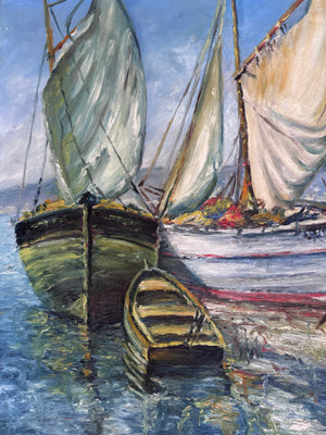 Brocante Gramon - Vintage French Fishing Boats oil painting on canvas mounted on timber frame