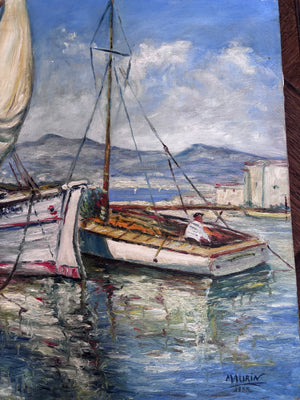 Brocante Gramon - Vintage French Fishing Boats oil painting on canvas mounted on timber frame