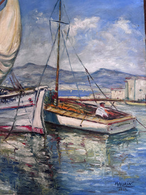 Brocante Gramon - Vintage French Fishing Boats oil painting on canvas mounted on timber frame