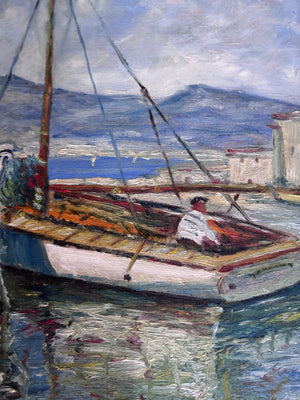 Brocante Gramon - Vintage French Fishing Boats oil painting on canvas mounted on timber frame